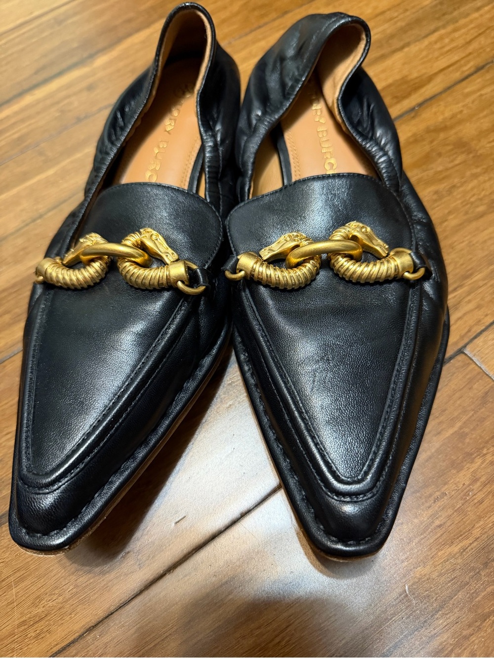 Tory Burch Black Leather Pointed Loafers with Gold Horsebit
